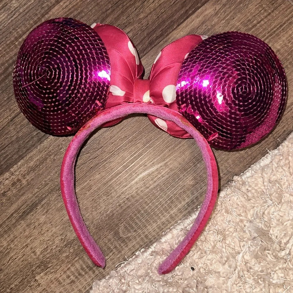 Disney Parks Minnie‎ Mouse Ears Mickey Pink Sequin Polka Dot Bow One Size - Picture 3 of 4